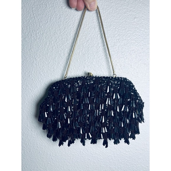 Vtg Black Beaded Sequin Evening Bag Purse Hong Kong Kiss Lock On Trend Classic - Picture 6 of 16